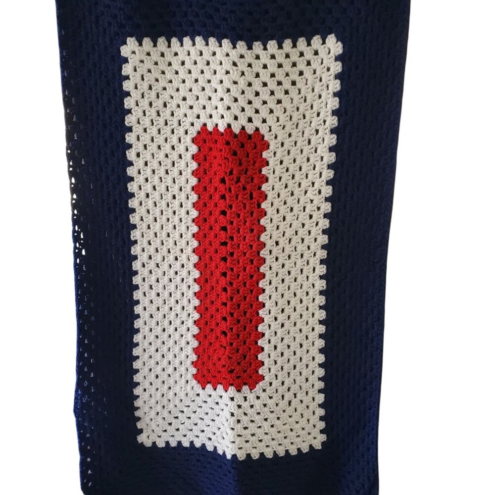 Handmade Crochet Blanket Red White Blue Stripes Design Soft Cotton 25" X 45"